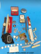 A micro mosaic brooch, marcasite necklace, a silver brooch, watches, penknives, coin bracelet,