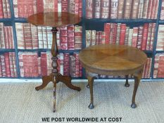 A mahogany circular wine table and an oak quarter veneered table