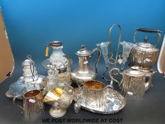 A quantity of silver plated ware to include cruet set, pickle jar on stand, tazza,