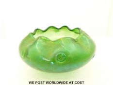 Loetz Rusticana iridescent green glass bowl with wavy rim and dimple decopration (8.