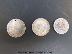 A George III 1795 threepence (pierced) together with a VF young head 1858 example and an 1858