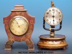 An Asprey chinoiserie red lacquer mantel clock (height 23cm) together with a similar style Boulle