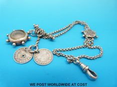 A white metal fob watch chain/Albert with a hallmarked fob and two threepences