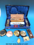 A quantity of costume jewellery to include three ladies watches, compacts, 9ct gold ring,