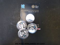 Three Countdown to Olympics 2012 silver £5 crowns (two with certificates) 2009, 2010, 2011, each 28.