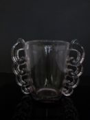 Probably Daum tinted glass vase with cascading twin handles, 18cm tall.