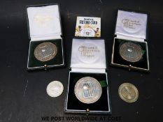 Three cased large cricket related white medal coins all engraved to D.R.