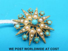 A 9ct gold pendant/brooch set with pearls and turquoise in a star design, 3cm in diameter, 5.5g.