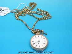 A long yellow metal belcher chain together with a 14ct gold fob watch