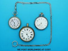 A white metal niello cased pocket watch with striped design to case, marked 0,800,