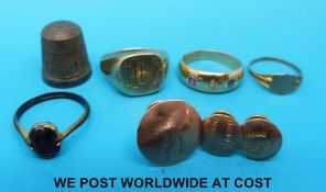 A 9ct gold signet ring, 18ct gold ring set with a ruby, diamond and sapphires,