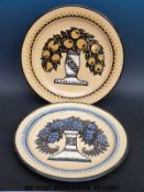 Two studio pottery plates decorated with trees with impressed marks to bases