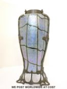 Loetz colbalt Papillon Pampas iridescent glass vase encased in Art Noveau metal mounts 45cm tall