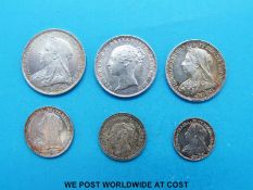 A collection of Victorian Maundy coins, 1d, 1 1/2d, 2d, 3d, 4d and a further bun head four pence,
