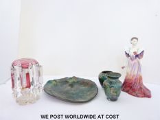 A flash overlaid cranberry glass lustre together with two glass vases,