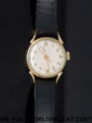 Yeoman 9ct gold ladies wristwatch, on black leather strap, case diameter 20mm.