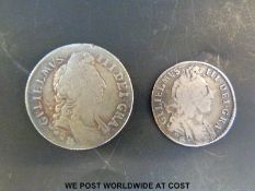 A William III 1696 shilling together with a 1697 sixpence