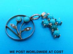 A 9ct gold pendant set with seed pearls and turquoise and a 9ct gold cross set with turquoise
