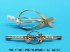 A 9ct gold brooch set with pearls and an Edwardian brooch set with seed pearls and amethyst