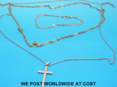 Two 9ct gold necklaces, a 9ct gold cross pendant and a 9ct gold bracelet, 10.