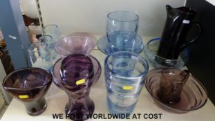 Seventeen pieces of purple and blue glass, Whitefriars and others,