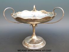 An Art Nouveau Edward VII hallmarked silver three handled tazza, height 16.