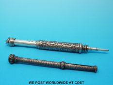 A hallmarked silver propelling pencil (marks rubbed) and another marked Mosley, London,