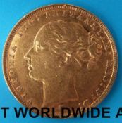 An 1883 Queen Victoria gold full sovereign, second reverse, Melbourne mint.