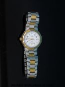Baume & Mercier Riviera ladies wristwatch with Arabic numerals and date aperture on white face,