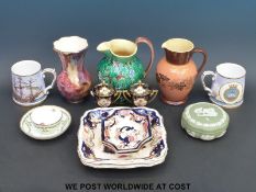 A selection of ceramics to include Wedgwood majolica jug, hand-painted Old Courtware vase,