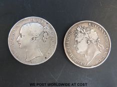 A George IV 1821 secundo crown together with an 1844 Victorian wreath backed crown