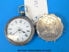 A near VF 1893 Victorian veiled head half crown set in clip mount as a brooch together with a