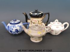 A James Macintyre faience teapot, Foley, Royal Doulton and a Victorian teapot.