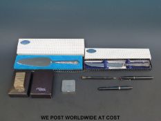 Two boxed hallmarked silver handled Kings pattern knives, cased Dupont lighter, Stratnoid compact,