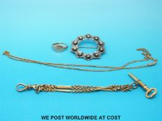 A 9ct gold ring and chain together with a Danish Nefrom silver brooch and a yellow metal chatelaine