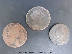 A William and Mary 1694 halfpenny together with a George I 1718 'dump' issue farthing and a 1791