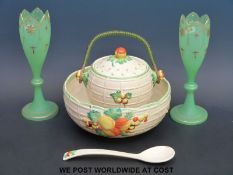 A Royal Staffordshire Clarice Cliff style biscuit barrel and salad bowl together with a pair of