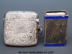 A hallmarked silver vesta case and a hallmarked silver and enamel matchbox cover