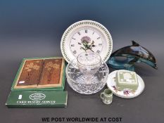 A collection of ceramics comprising a Portmeirion Botanic Garden clock, green Wedgwood Jasperware,