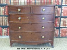 A 19thC mahogany bow fronted chest of two over three graduated drawers raised on splayed legs