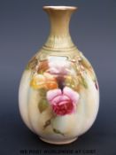Royal Worcester ribbed vase decorated with roses, dated 1907 puce mark,