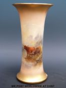 A Royal Worcester flared vase decorated with Highland cattle and signed J. Stinton (19.