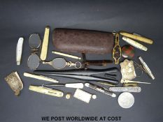 A rosewood glove box with mother of pearl inlay, pen knives including silver,