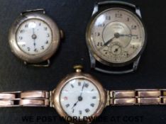 A 9ct gold ladies wristwatch with Roman numerals and enamel face on yellow metal strap (26g),