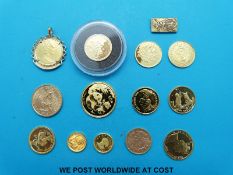 Fourteen various small or miniature gold coins to include USA, China, Isle of Man etc,