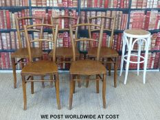 Five Art Nouveau bentwood dining chairs some with Thonet label together with a bentwood bar stool