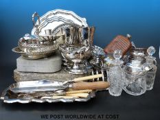 A collection of plated ware to include trays, teaware, Mappin & Webb,