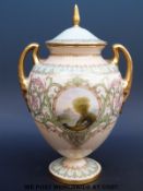 Royal Worcester porcelain twin handled vase and cover, the body decoration with scrolls and leaves,