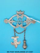 A hallmarked silver kilt or shawl pin/brooch in the form of a thistle with hallmarked fleur de lys