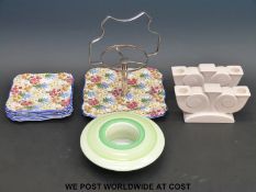 A Royal Winton Grimswades cake stand and six plates,
